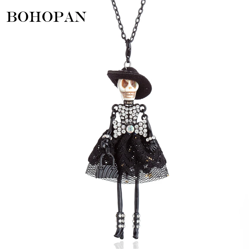 

Terror Skull Figure Necklace Women Girl Crystal Bow Yarn Colour Dress Wear Hat Doll Pendant Necklace Halloween Gifts Jewelry
