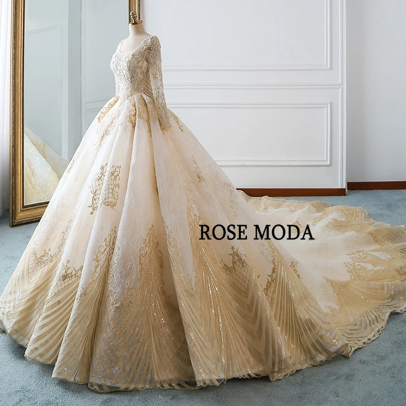 Rose Moda роскошное Золотое свадебное платье с длинными рукавами кружевное свадебное платье es с бусинами и длинным шлейфом реальные фотографии