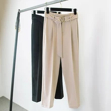 Элегантные женские брюки с поясом и высокой талией, офисные женские брюки размера плюс, черные брюки в английском стиле