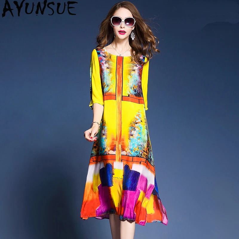 

AYUNSUE Summer Dress 2019 Women Print Silk Beach Dress Elegant Fashion Boho Chic Long Dresses Floral Vestido Mujer KJ1856