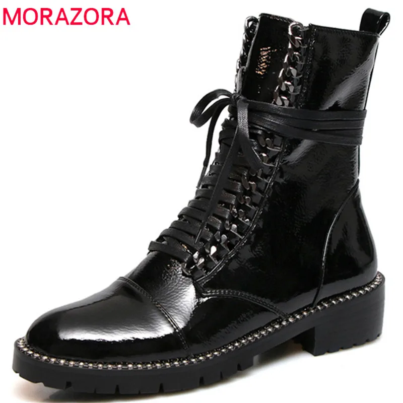 MORAZORA 2018 hot sale patent leather ankle boots for women Rhinestone lace up +zip fashion punk ...