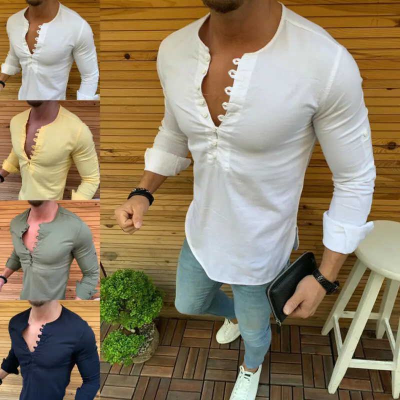 Мужские рубашки облегающий плотный облегающий топ на пуговицах, дышащая мягкая Повседневная блуза с v-образным вырезом, мужская стильная официальная уличная одежда с длинными рукавами