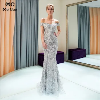 

Luxuries Off Shoulder Prom Dresses with Beaded Crystals Tulle Sweep Train Short Sleeve Evening Gown Prom Dresses Custom Made