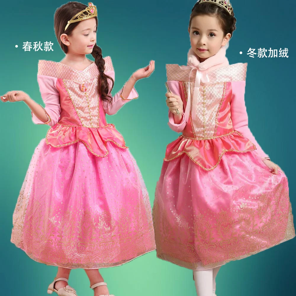 

girls dresses Spring 2016 Princess Aurora long sleeves dress Pink kids sleeping beauty dress full show cosplay dress top quality