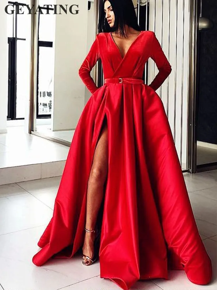 Wine Red Velvet Arabic Evening Dresses Long Sleeves 2019 Deep V Neck Side Split Satin Dubai Kaftan Prom Dress Long Party Gowns