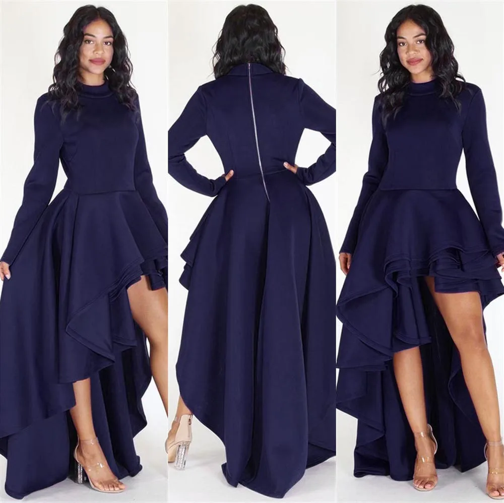 2109 элегантное женское платье с длинным рукавом и высокой низкой баской, Длинное Пышное Платье бодикон, повседневное вечернее Клубное платье с слоем листьев лотоса - Цвет: Dark Blue