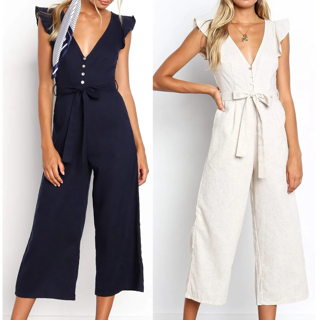 

feitong 2019 summer Female Fashion Womens Sexy V-Neck Ruffle Solid Sleeveless Bandage Loose Jumpsuit Piece Trousers Elegant