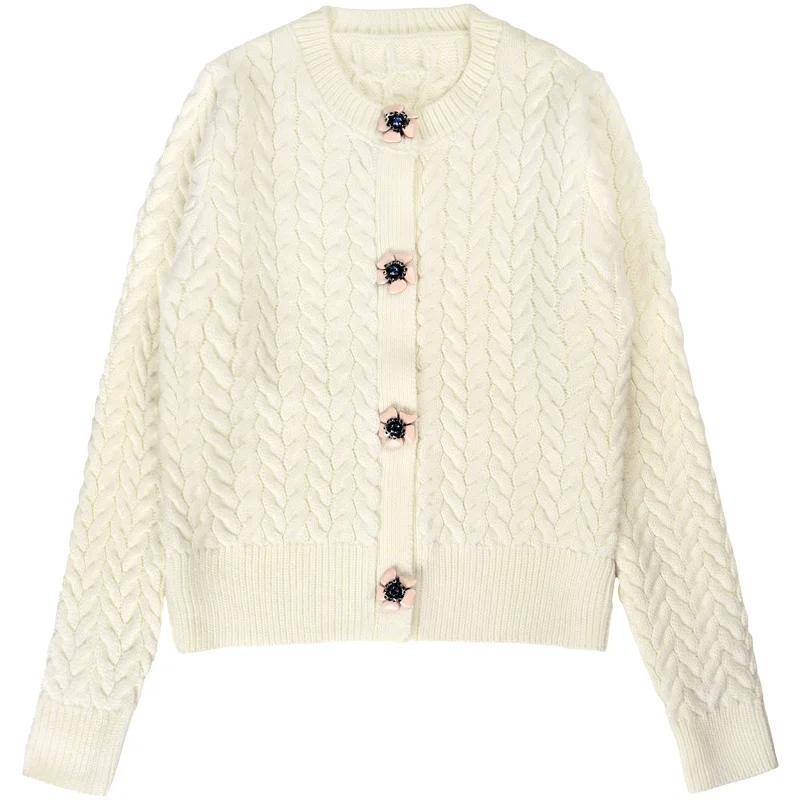 

Luxury Brand Designer Knitted Sweater for Women Beaded Diamond Pink Flowers Buttons Twist Knitted Cardigans Beige