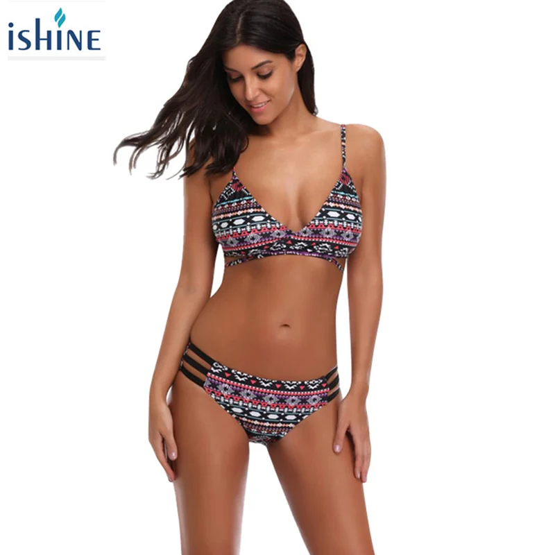 

New Women 2018 Spring Summer Printed Hollow Straps Bikini Sets Ethnic Style Two-piece Swimsuit Swimwear Tankini Brazilian Bikini
