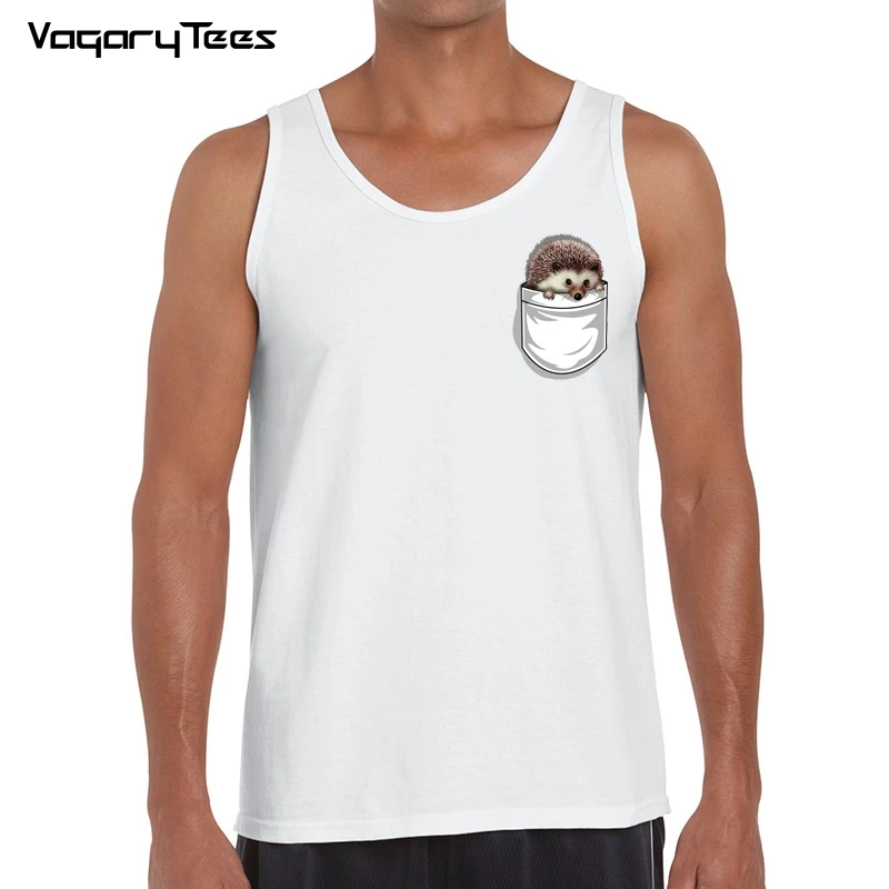 

Cute hedgehog in pocket Tank top Summer customied animal pocket tops Men's Novelty Hipster Vest Basic Tops