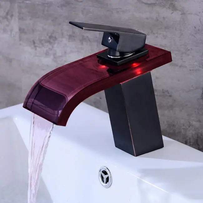 Светодиодный кран для ванной комнаты с водопадом. Стеклянный водопад, латунный кран для раковины. Смеситель для ванной комнаты на бортике смеситель для раковины