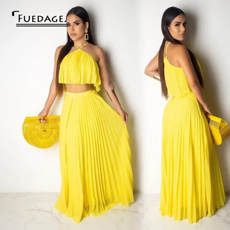 

Fuedage Summer Chiffon Casual Two-piece Set Halter Wrapped Chest Pleated Top And Long Skirt Summer Set 2 Piece Set Women