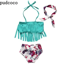 Американский склад, детский танкини для маленьких девочек, бикини, костюм с кисточками, Цветочный купальник, одежда для плавания, повязка на голову, купальный костюм