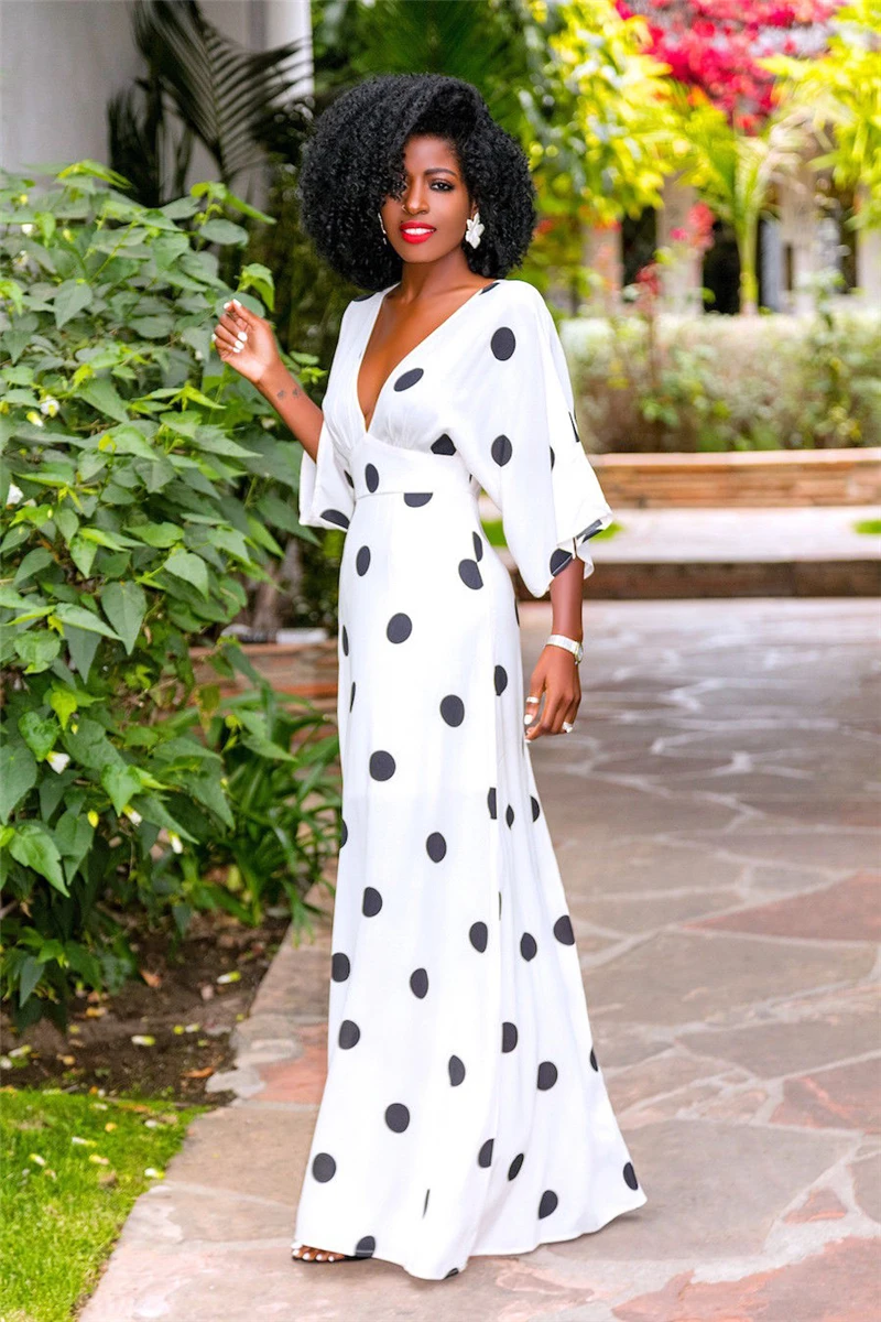 

New Fashion Women Summer Casual Long Dress Dot Printed Ladies V Neck Half Sleeve High Waist Ladies Party Beach Dress Sundress