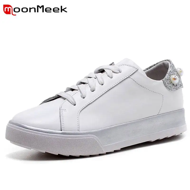 

MoonMeek NEW 2020 fashion genuine leather flats women lace up round toe rhinstone flat platform summer shoes ladies shoes