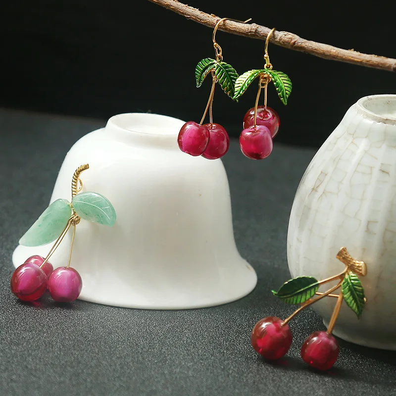 

manually original coloured glaze earrings eardrop female red cherry earrings hanging earrings fashion temperament