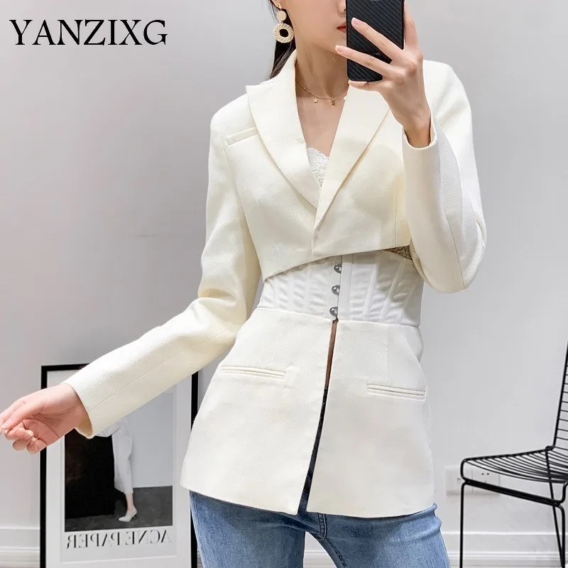 

Long Sleeve Women Blazer Lapel Tunic Patchwork White Suit Female Spring 2019 Fashion Clothes New Q544