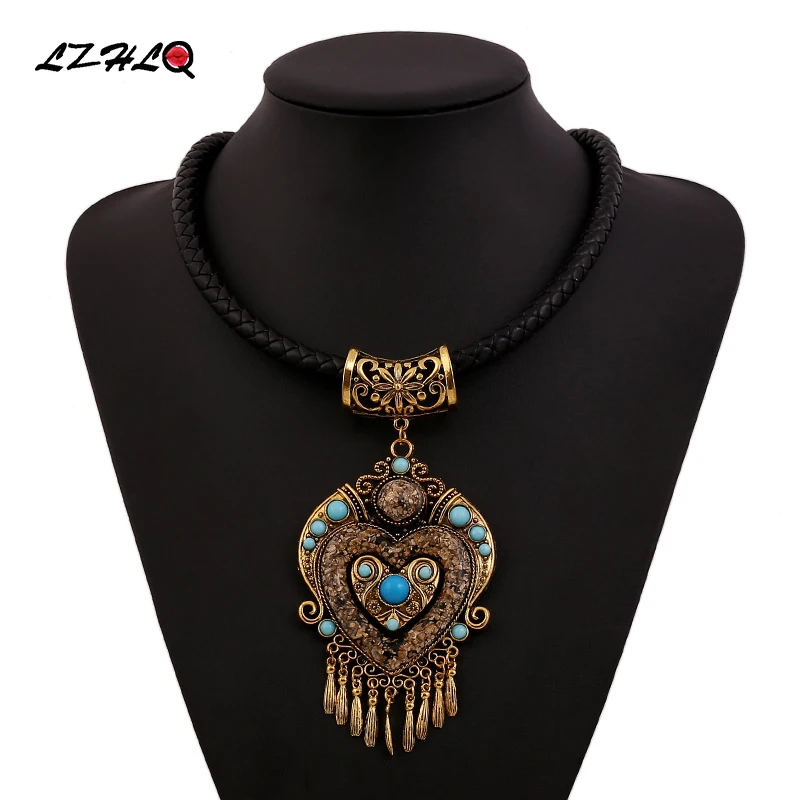 

LZHLQ 2020 Vintage Boho Statement Necklace Women Jewelry Ethnic Style Leather Rope Tassel Necklaces Pendants Accessories