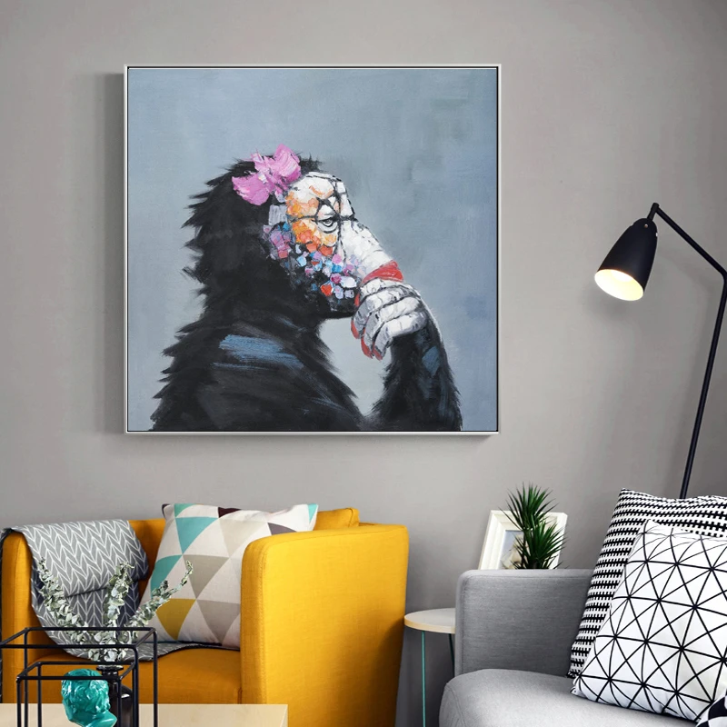 

Abstract Animal Posters 100% Handmade Wall Art Oil Painting Lovely Monkey Girl In Thinking Pictures for Living Room Home Decor