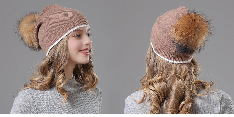 Winter Hats For Women Beanies Knitted Wool Pompon Beanies Female Real Raccoon Fur Pom Poms Hat For Girls 2018 (3)