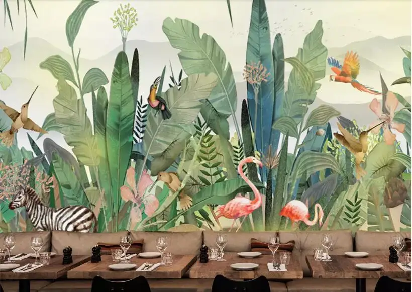 Beibehang изготовление размеров под заказ большой рисованной тропических лесов растений цветы и птицы животных фон с изображением леса обои