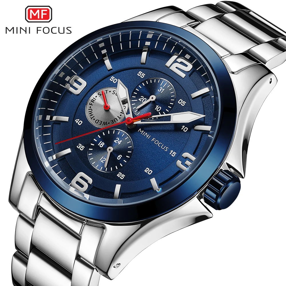 

MINI FOCUS Classic Dress Quartz Analog Clock Stainless Steel Strap 3 Sub-dials 6 Calendar Display Waterproof Fashion Wristwatch