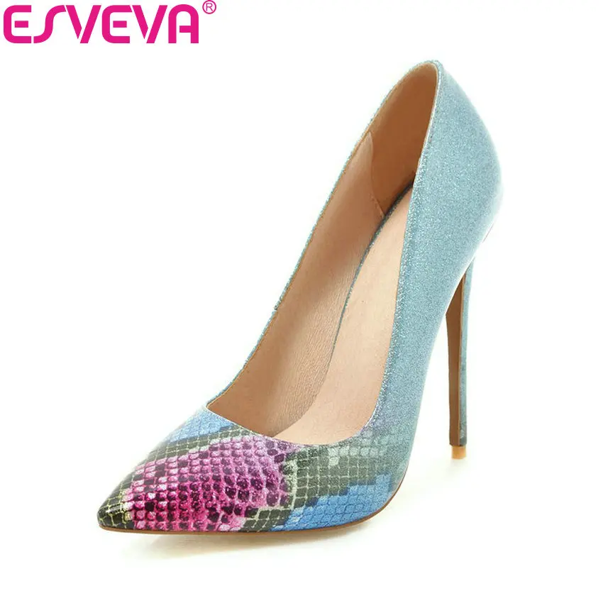 

ESVEVA 2018 Women Pumps Shoes Printed Style Super High Heels Basic Pointed Toe Ladies Pumps Thin Heels Pumps Shoes Size 34-43