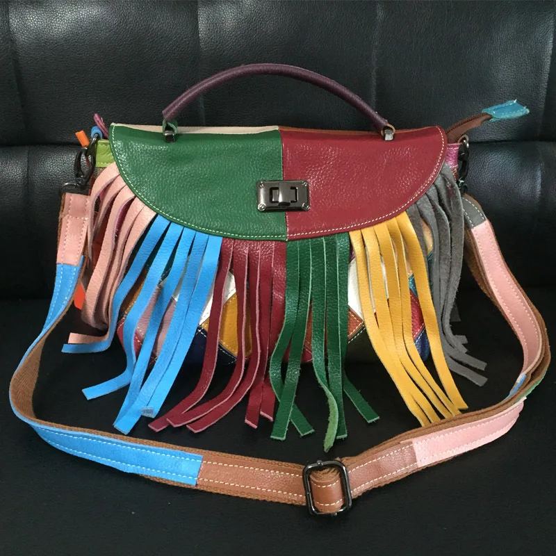 

Fringed Bag Tassels Splice Color Bags for Women 2019 Real Cowhide Polychromatic Splicing Luxury Handbags Women Bags Shoulder Bag