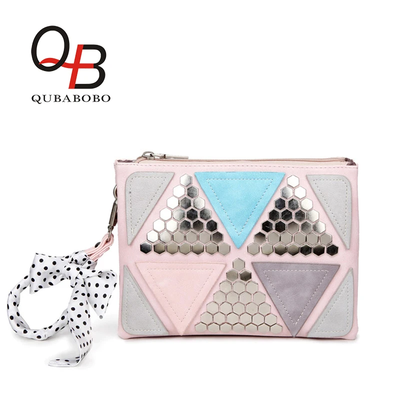 QUBABOBO Candy Color Women Leather Handbags Patchwork Triangle Sequined Teenage Girls Wristlets Crossbody Bag Clutch With