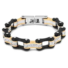 Free Shipping! Bling Crystal Motorcycle Bracelet Stainless Steel Jewelry Gold Black Bicycle Chain Motor Biker Bracelet SJB0316