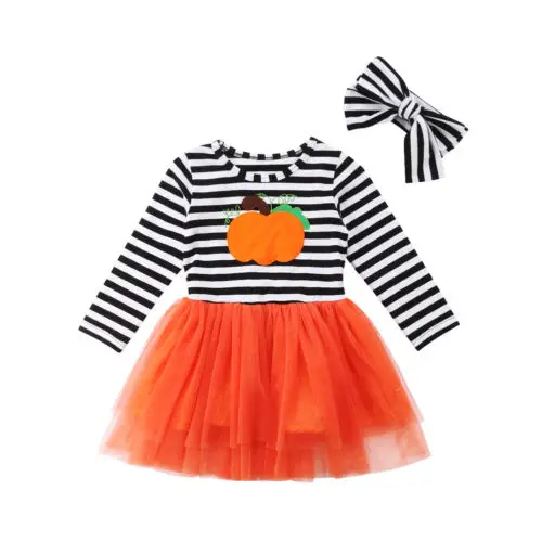 

Brand New 2Pcs Halloween Baby Kids Girls Dress Striped Pumpkin Long Sleeve Tulle Dress Lovely Festival Party Dresses Age 1-7T