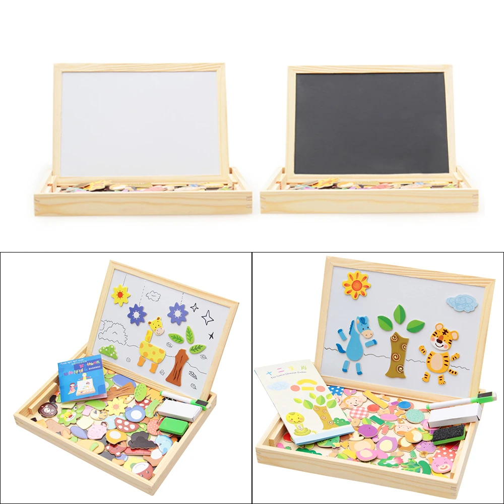 

Multifunctional Wood Farm Animals City Magnetic Puzzle Magic Cubes Easel Sides Drawing Board Kids Toy For Children