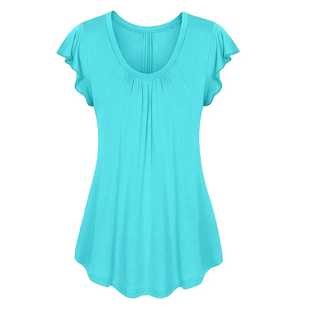 7 цветов размера плюс S-6XL Женская одноцветная рубашка со складками с рюшами и круглым вырезом с коротким рукавом - Цвет: Синий