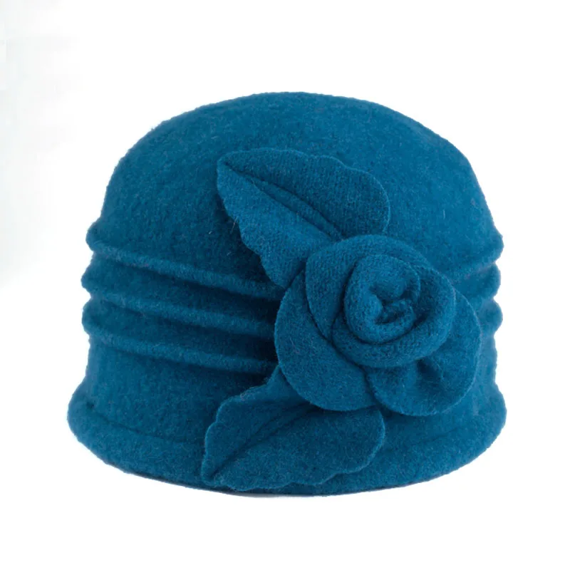Фибоначчи осень зима среднего возраста женская шапка цветочный шерсть мама шапочки купол флоппи теплая шапка - Цвет: Синий