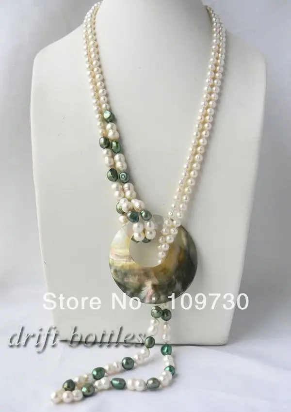 

Jewelry 0012140 2Strands 30'' White Round Green Baroque Freshwater Pearl Shell Pendant Nacklace