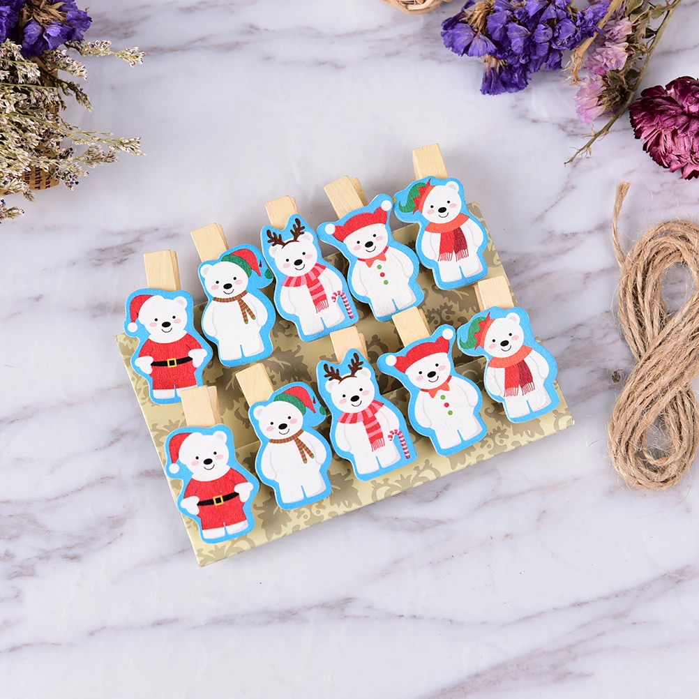 

10pcs Cute Christmas Bear Wooden Clip Photo paper Clothespin Craft Clips Party Decoration Clip with Hemp Rope 35x20mm