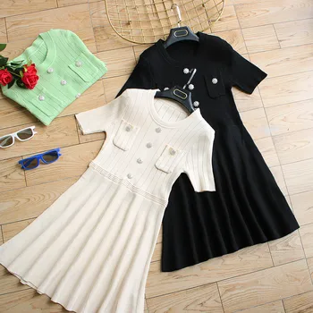 

New Sexy Summer Knitted Women's Dress O-Neck Short Sleeves Chest Crystal Buttons Pockets High Waist Pleated Mini Knitting Dress