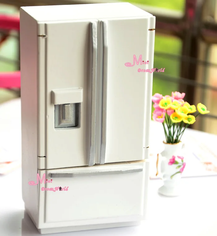 112 Dollhouse Miniature WOOD WHITE SILVER refrigerator W/ drawerin
