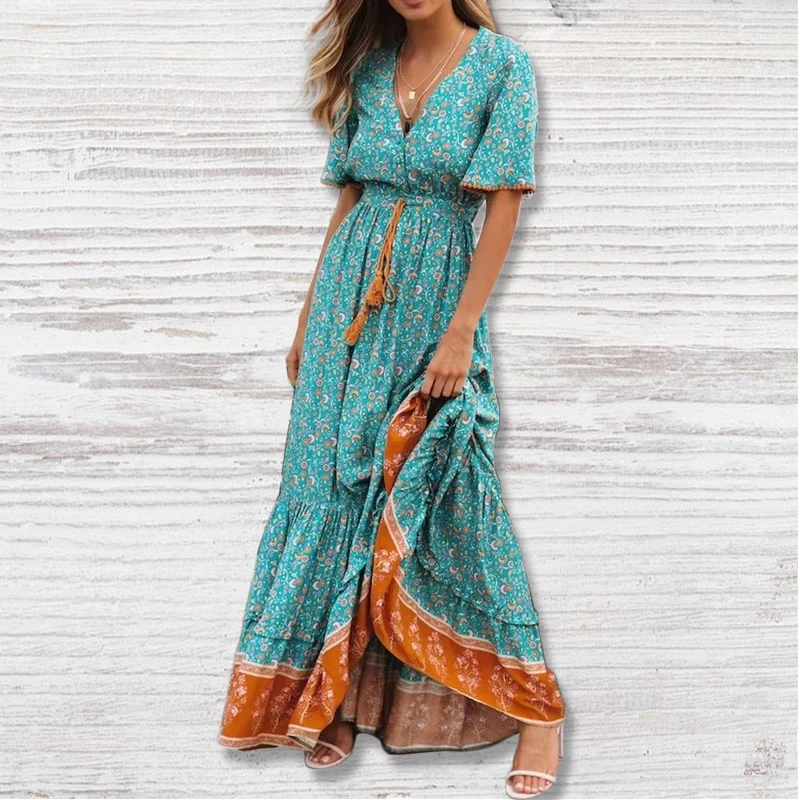 

Spicylace Boho Chic Summer Vintage Floral Print Midi Dress Women Fashion V Neck Buttons Lace Up Pleated Beach Dresses Vestidos