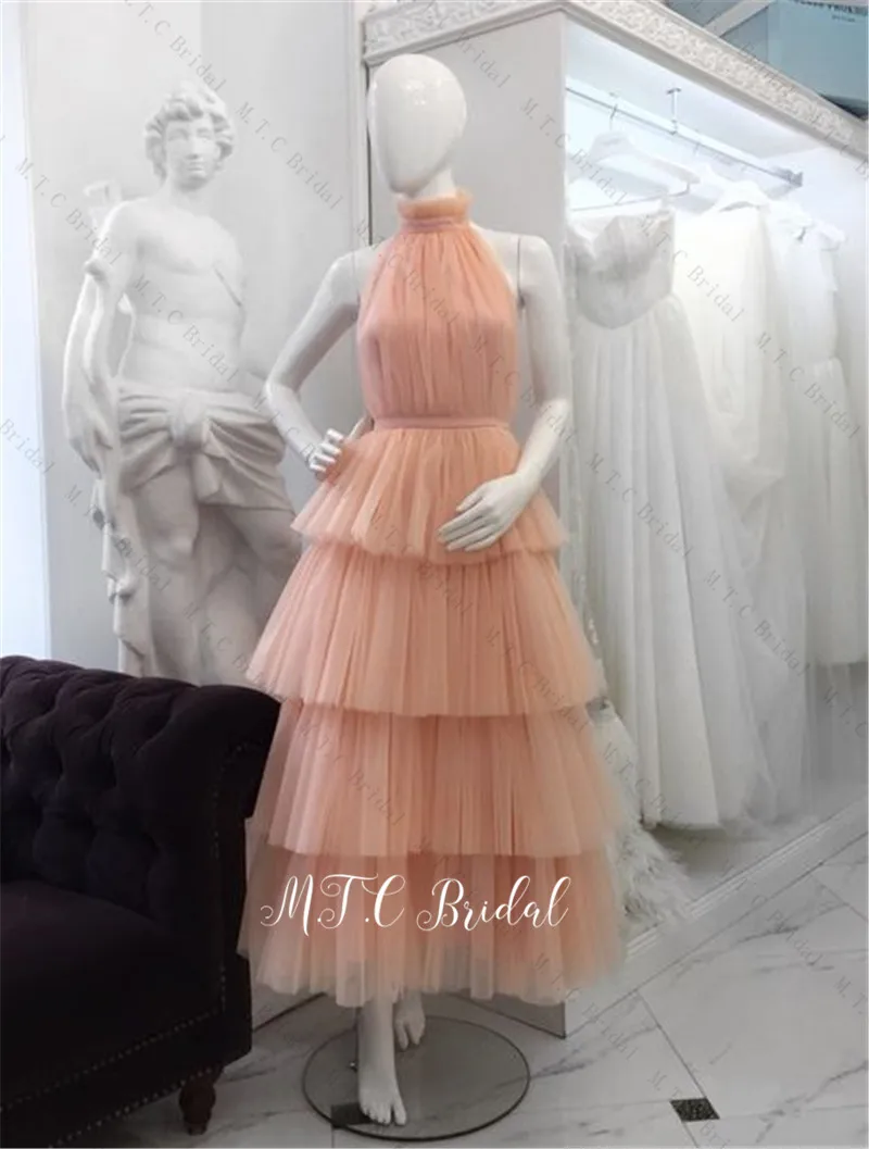 Blush Tiered Tulle Short Prom Dresses New Backless Halter A Line Ankle Length Cheap Evening Party Gowns Robe De Soiree - Цвет: Photo Color