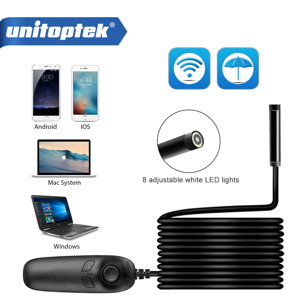 

1200P Telescoping Wifi Endoscope Inspection Camera IP68 Waterproof 2.0MP Semi-Rigid WiFi Borescope With 8 LED For iOS Android