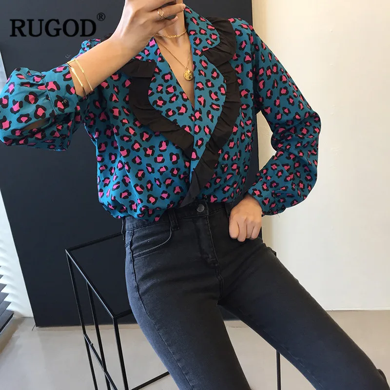 RUGOD Chic Leopard Shirt Корейская модная одежда Женщины Блузки с длинным рукавом отложным