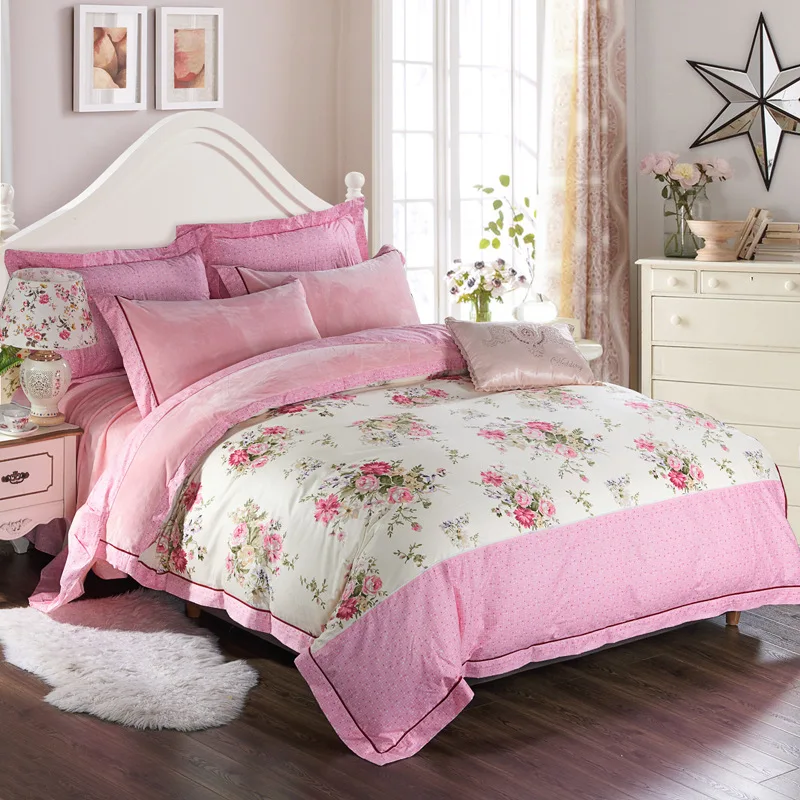 

Luxury winter bedding set white blue pink Fleece fabric duvet cover sets Pastoral style bed linen bedclothes