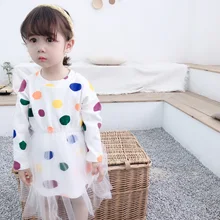 Модное разноцветное Сетчатое платье в горошек в Корейском стиле для девочек; платье принцессы из чистого хлопка с длинными рукавами и принтом снежинки