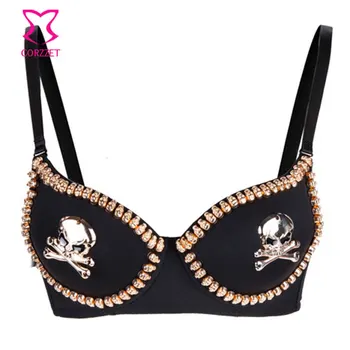 

Black And Gold Skull Studded Clubwear Punk Rock Exotic Sexy Bras Women Push Up Bralette Bralet Burlesque Bra Steampunk Clothing