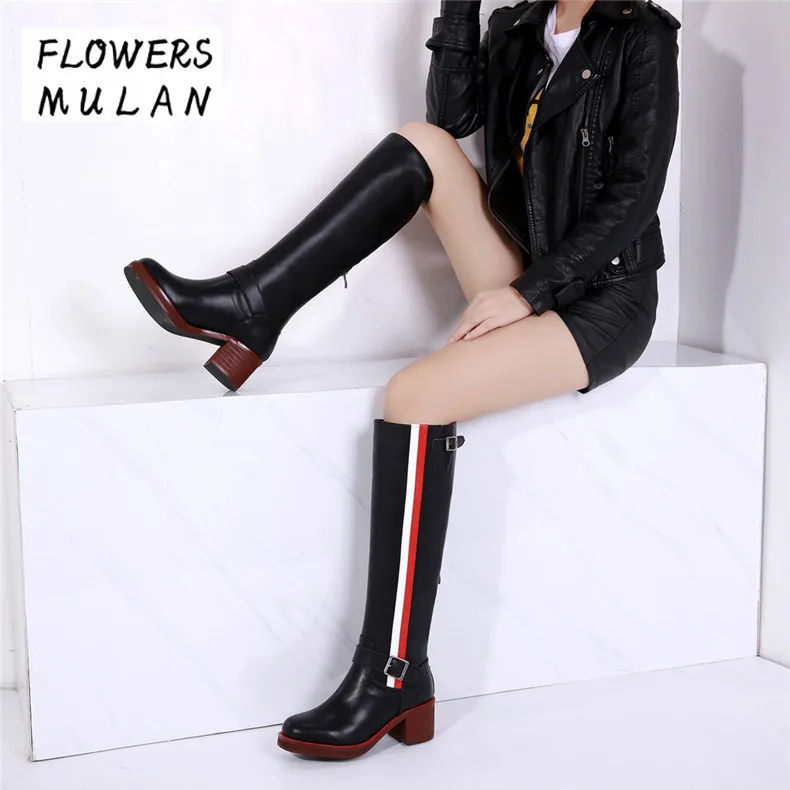 

New Brand Real Leather Long Boots Women Knee High Round Toe Middle Wood Pattern Chunky Heel Motorcycle Botas Lady Back Zip Shoes
