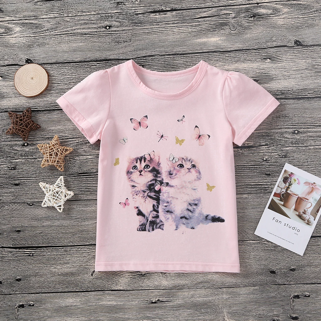 Хлопковые топы для малышей; детская летняя футболка с короткими рукавами; детская одежда для девочек; футболка принцессы с принтом кота и бабочки - Цвет: DZ00055-PW