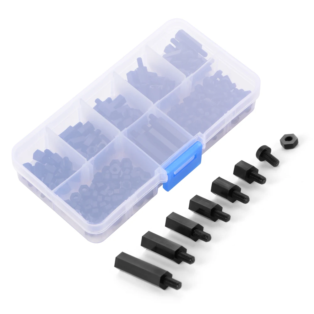 

180pcs M3 Nylon Hex Spacers Screw Nut Stand-off Plastic Accessories Assortment with Plastic Box Black HT276