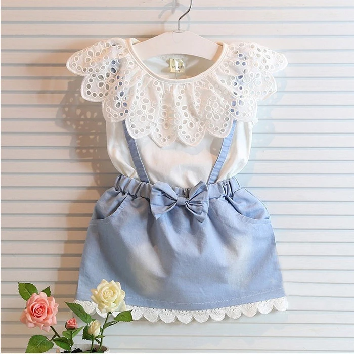 

CLEARANCE oddler Girls lace Dress Summer 2016 kids denim Dress Baby short sleeve Dress 2-6y Toddler baby girls clothing