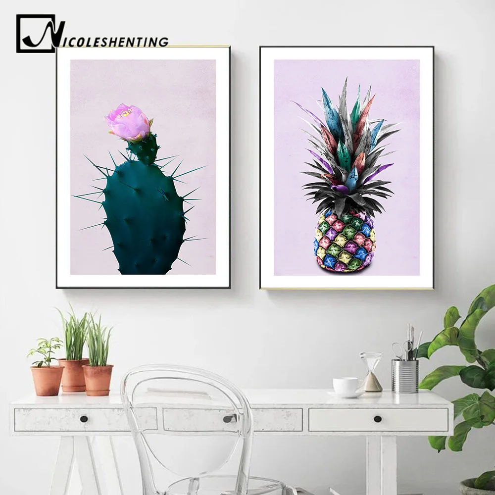Pineapple Cactus Poster Prints Colorful Plants Picture Wall Art Canvas Painting 